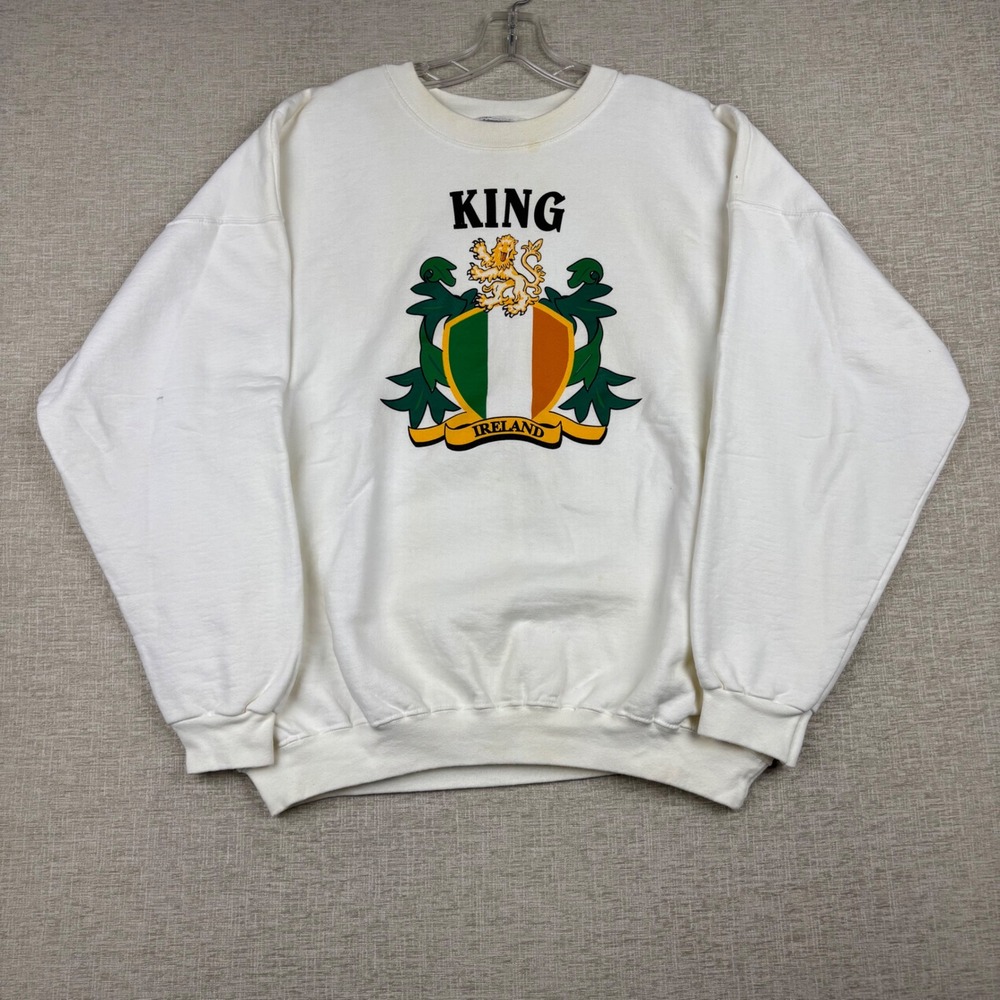 Hanes Mens XL Ultimate Cotton King Ireland Crest Vintage Sweatshirt White